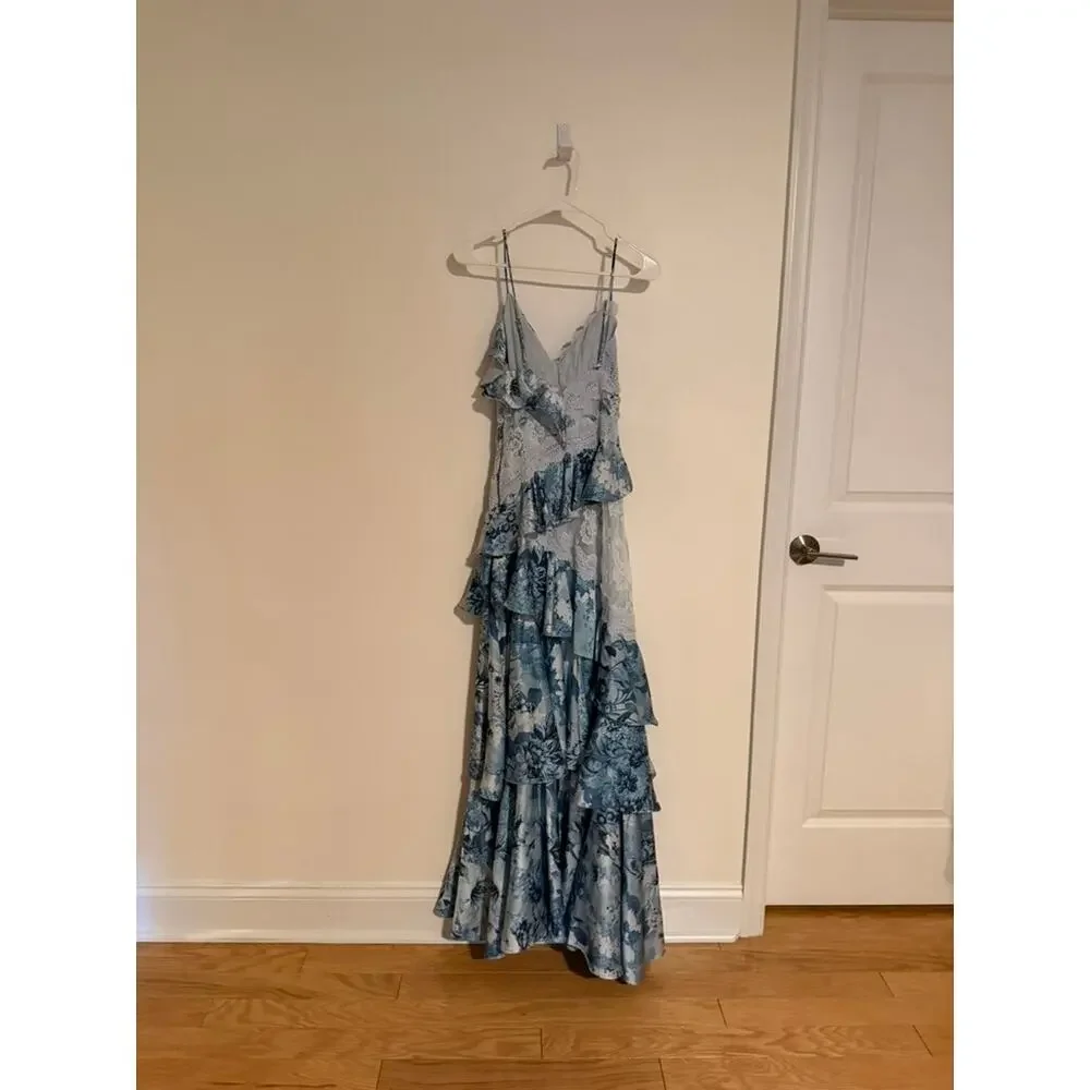 BHLDN Elora Sleeveless V-Neck Ruffle Lace Maxi Dress, Light Blue, EUC, Size 0